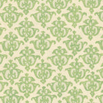 Detail of wallpaper in a repeating damask print in green on a cream field.