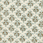 Detail of wallpaper in a repeating damask print in light blue and brown on a cream field.
