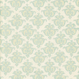 Detail of wallpaper in a repeating damask print in light blue and tan on a cream field.