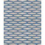 Full size image of a handmade flatweave rug with a geometric tiled design in cream and shades of blue. 