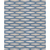 Full size image of a handmade flatweave rug with a geometric tiled design in cream and shades of blue. 