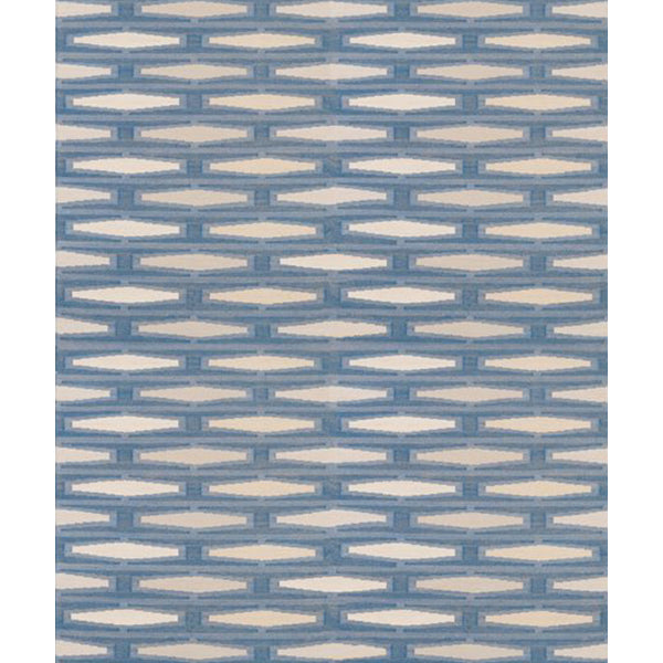 Full size image of a handmade flatweave rug with a geometric tiled design in cream and shades of blue. 