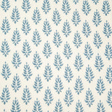 Detail of wallpaper in a repeating leaf pattern in blue on a cream field.
