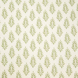 Detail of wallpaper in a repeating leaf pattern in light green on a cream field.