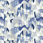 Detail of fabric in a painterly house print in shades of blue, white and yellow.