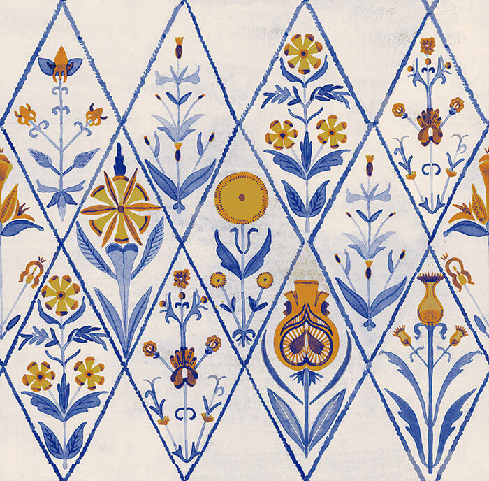 Detail of wallpaper in a floral and diamond lattice print in shades of blue and gold on a white field.