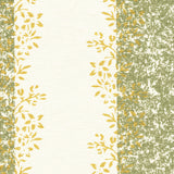 Detail of fabric in a botanical stripe print in shades of green and yellow on a cream field.