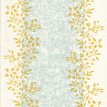 Detail of fabric in a botanical stripe print in shades of blue and yellow on a cream field.