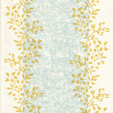 Detail of fabric in a botanical stripe print in shades of blue and yellow on a cream field.