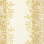Detail of fabric in a botanical stripe print in shades of tan and yellow on a cream field.