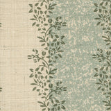 Detail of fabric in a botanical stripe print in shades of blue and dark green on a cream field.