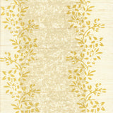 Detail of fabric in a botanical stripe print in shades of tan and yellow on a cream field.