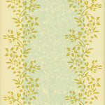 Detail of wallpaper in a botanical stripe print in shades of blue and yellow on a light yellow field.