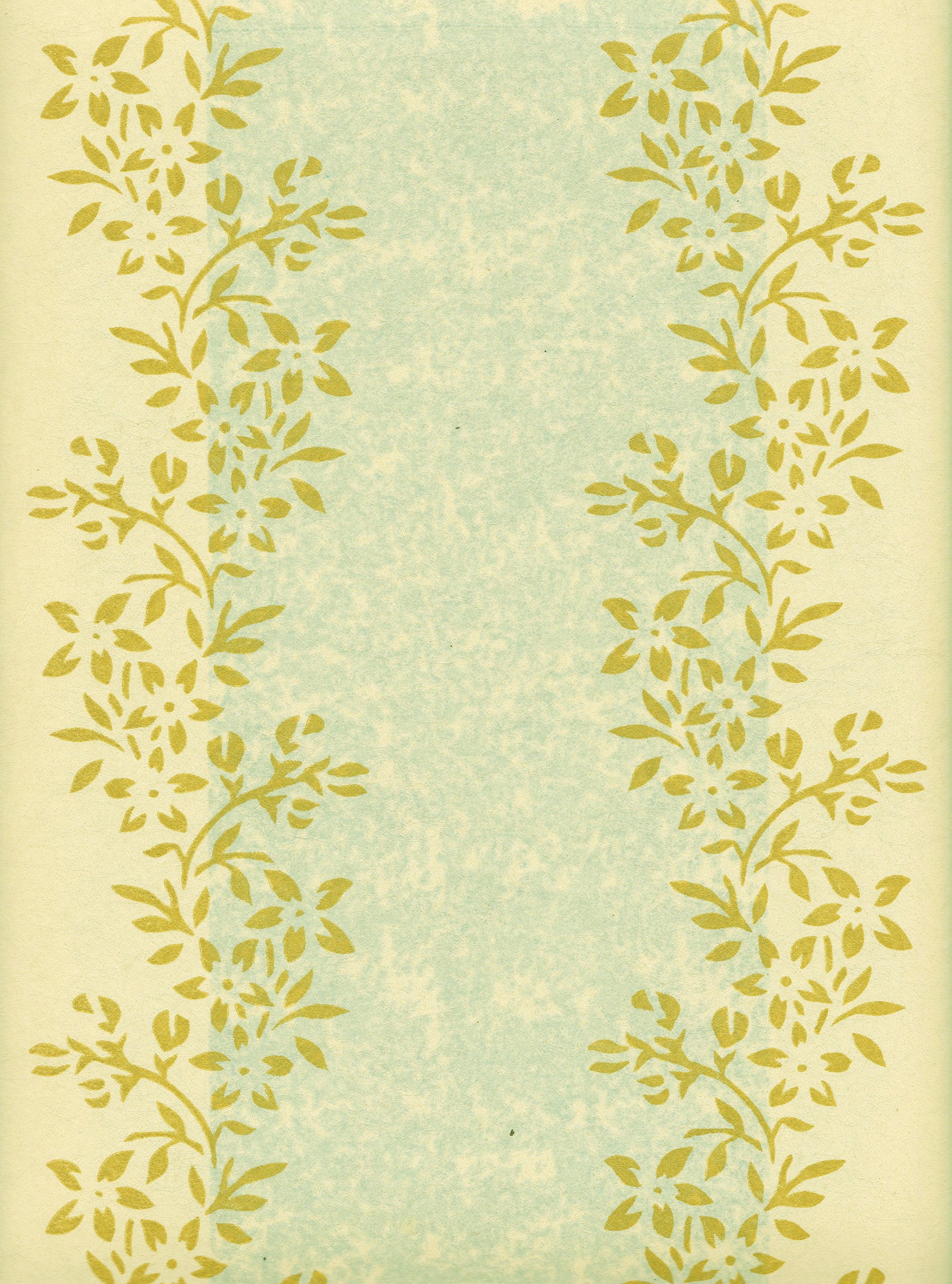Detail of wallpaper in a botanical stripe print in shades of blue and yellow on a light yellow field.