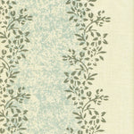 Detail of fabric in a botanical stripe print in shades of blue and dark green on a cream field.