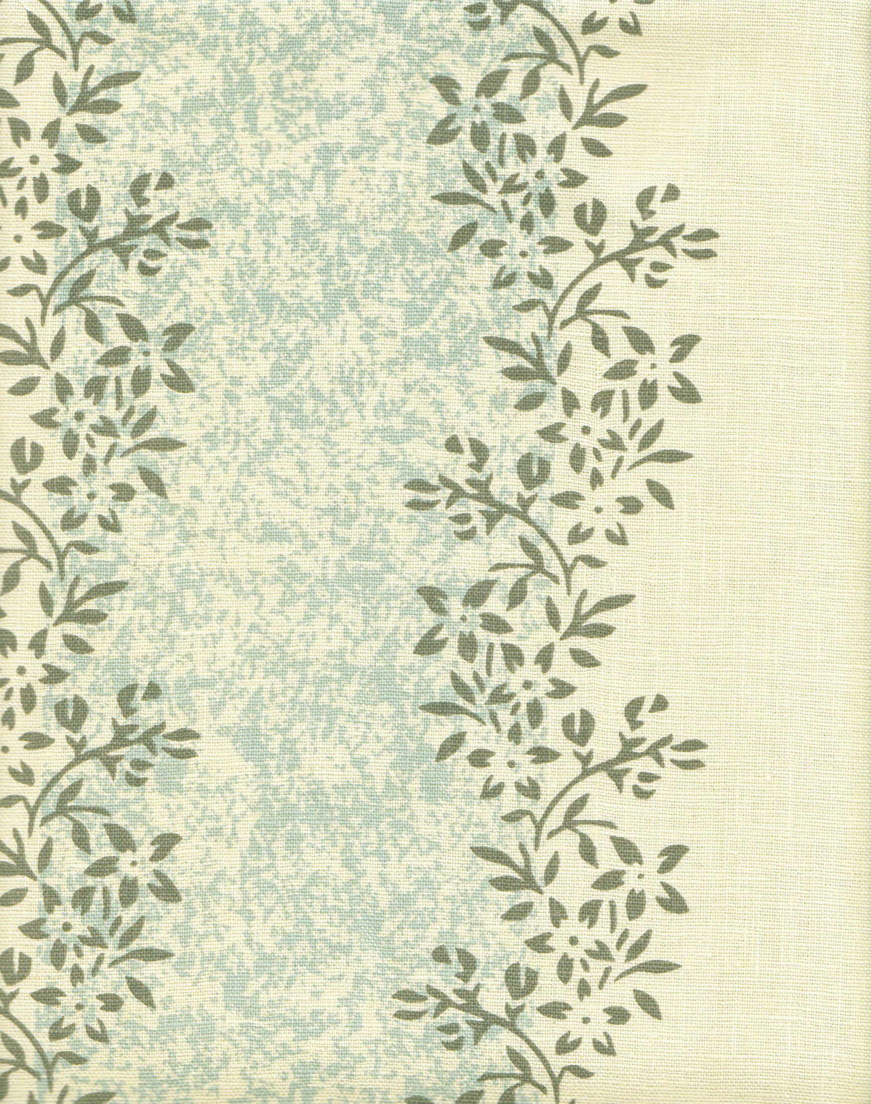 Detail of fabric in a botanical stripe print in shades of blue and dark green on a cream field.