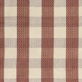 Detail of a hand-woven cotton fabric in soft cream in a plaid windowpane patter in cream, maroon, tan and orange.