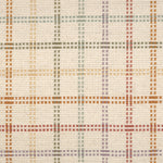 Broadloom carpet in a dashed window pane plaid in green, yellow, purple and orange on a cream field.