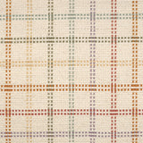 Broadloom carpet in a dashed window pane plaid in green, yellow, purple and orange on a cream field.