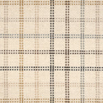 Broadloom carpet in a dashed window pane plaid in shades of blue and brown on a cream field.