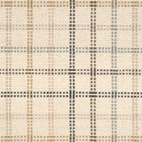 Broadloom carpet in a dashed window pane plaid in shades of blue and brown on a cream field.