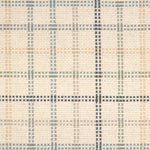 Broadloom carpet in a dashed window pane plaid in shades of blue, green and yellow on a cream field.