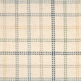 Broadloom carpet in a dashed window pane plaid in shades of blue, green and yellow on a cream field.