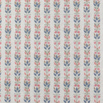 Detail of fabric in a striped botanical print in shades of blue, pink and green on a greige field.