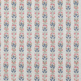 Detail of fabric in a striped botanical print in shades of blue, pink and green on a greige field.