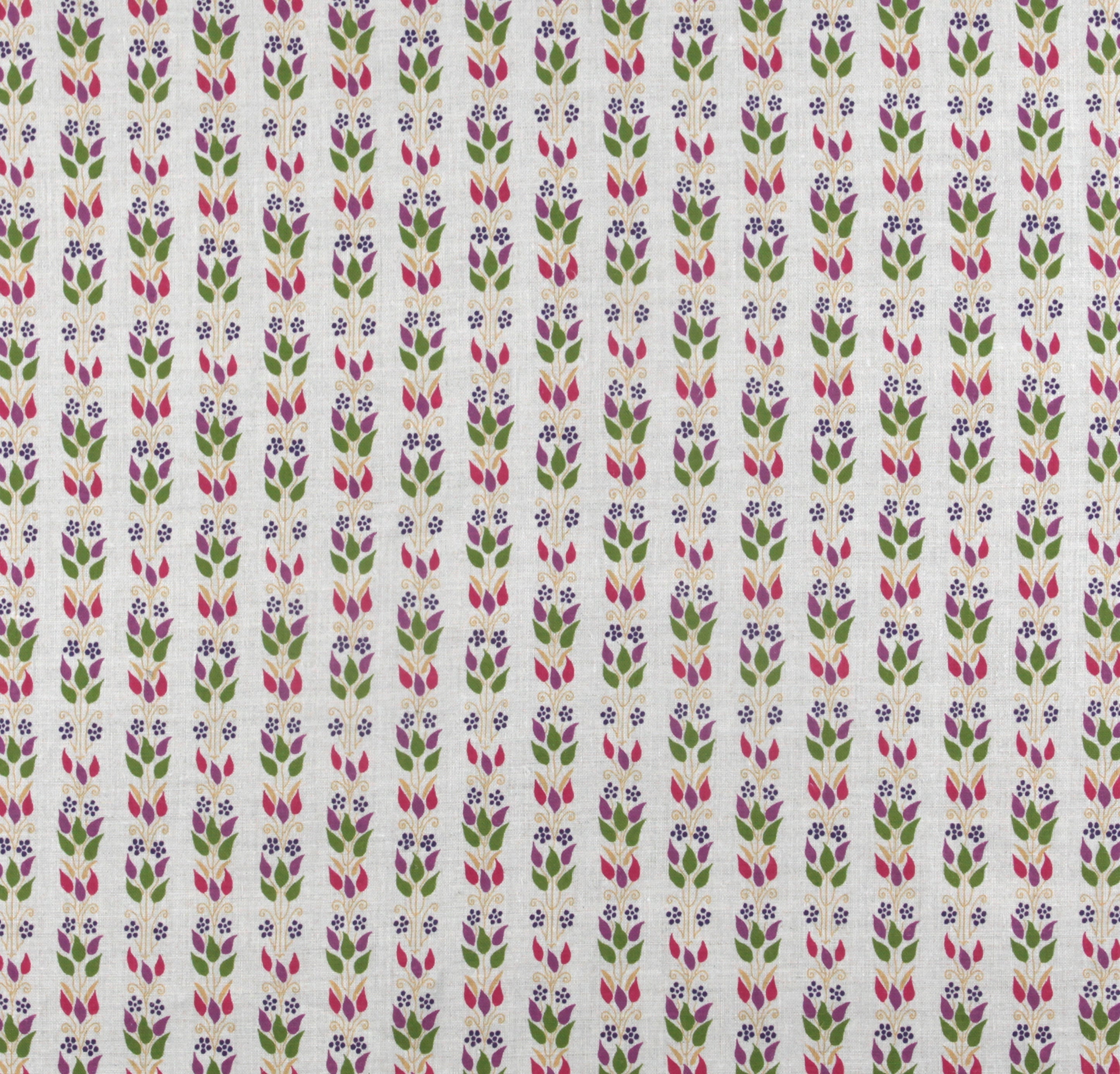 Detail of fabric in a striped botanical print in shades of red, purple and green on a cream field.