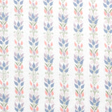 Detail of fabric in a striped botanical print in shades of blue, pink, purple and green on a white field.
