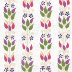 Detail of fabric in a striped botanical print in shades of red, purple and green on a white field.