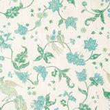 Detail of fabric in a bird and botanical print in shades of green, turquoise and yellow on a cream field.