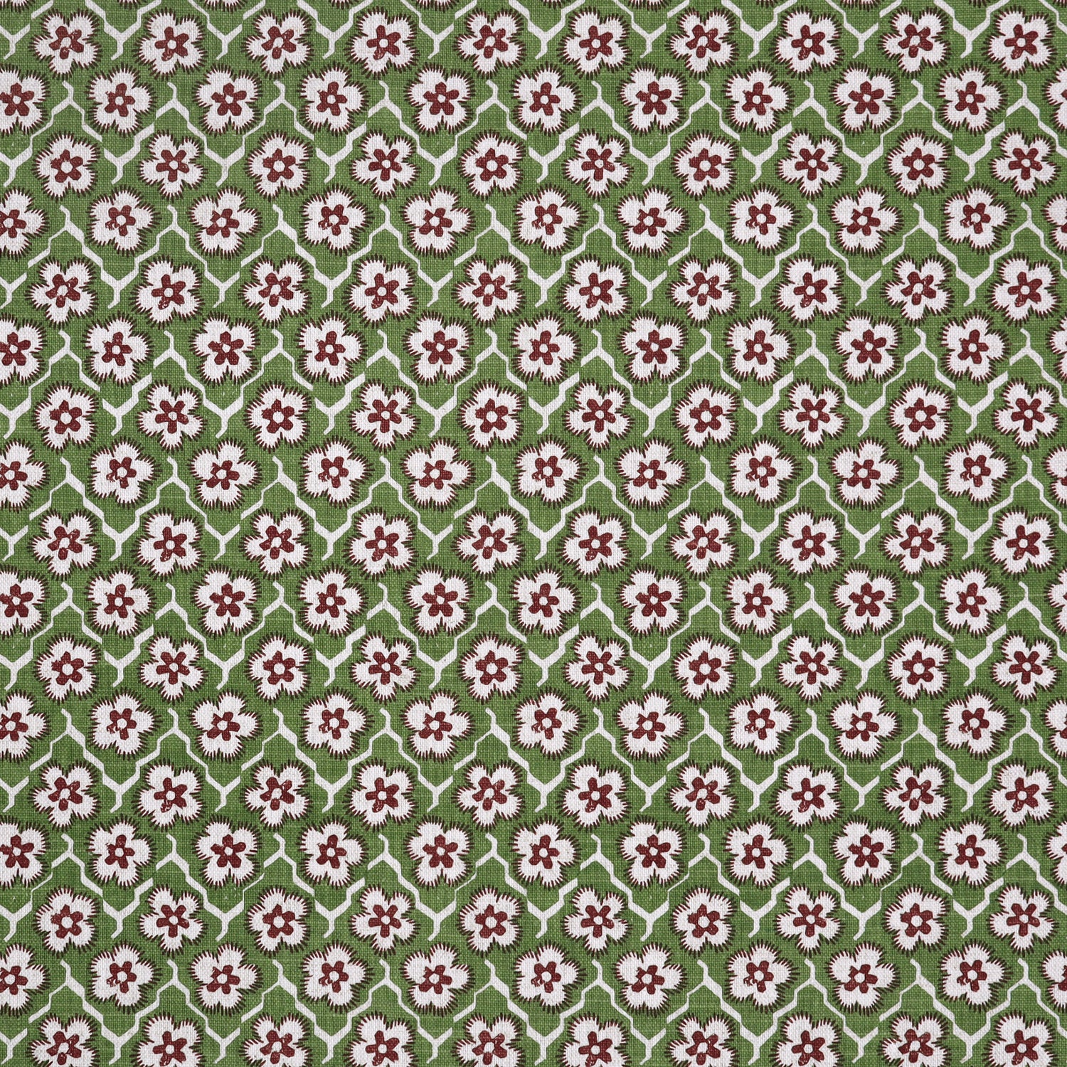 Fabric with small scale floral pattern in white, purple and green.