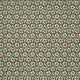 Fabric with small scale floral pattern in white, purple and green.