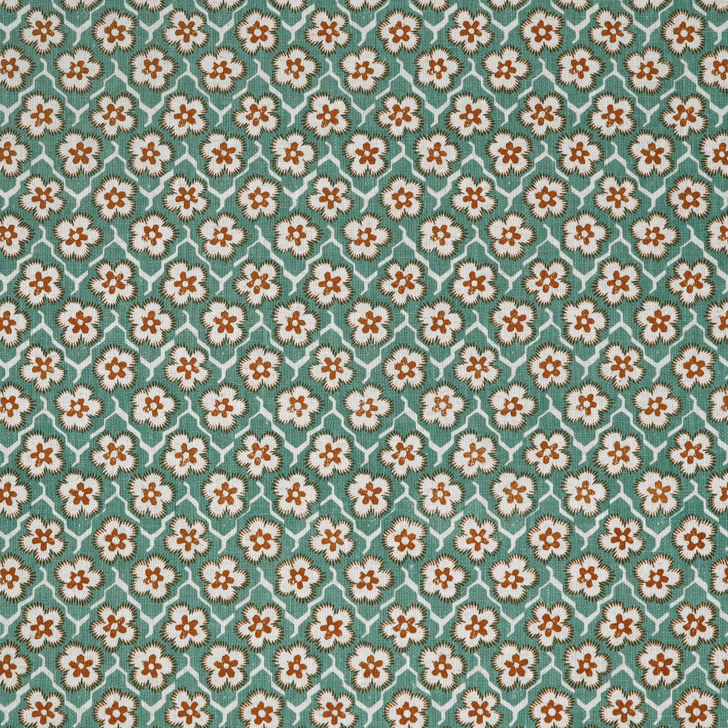 Fabric with small scale floral pattern in white, orange and turquoise. 