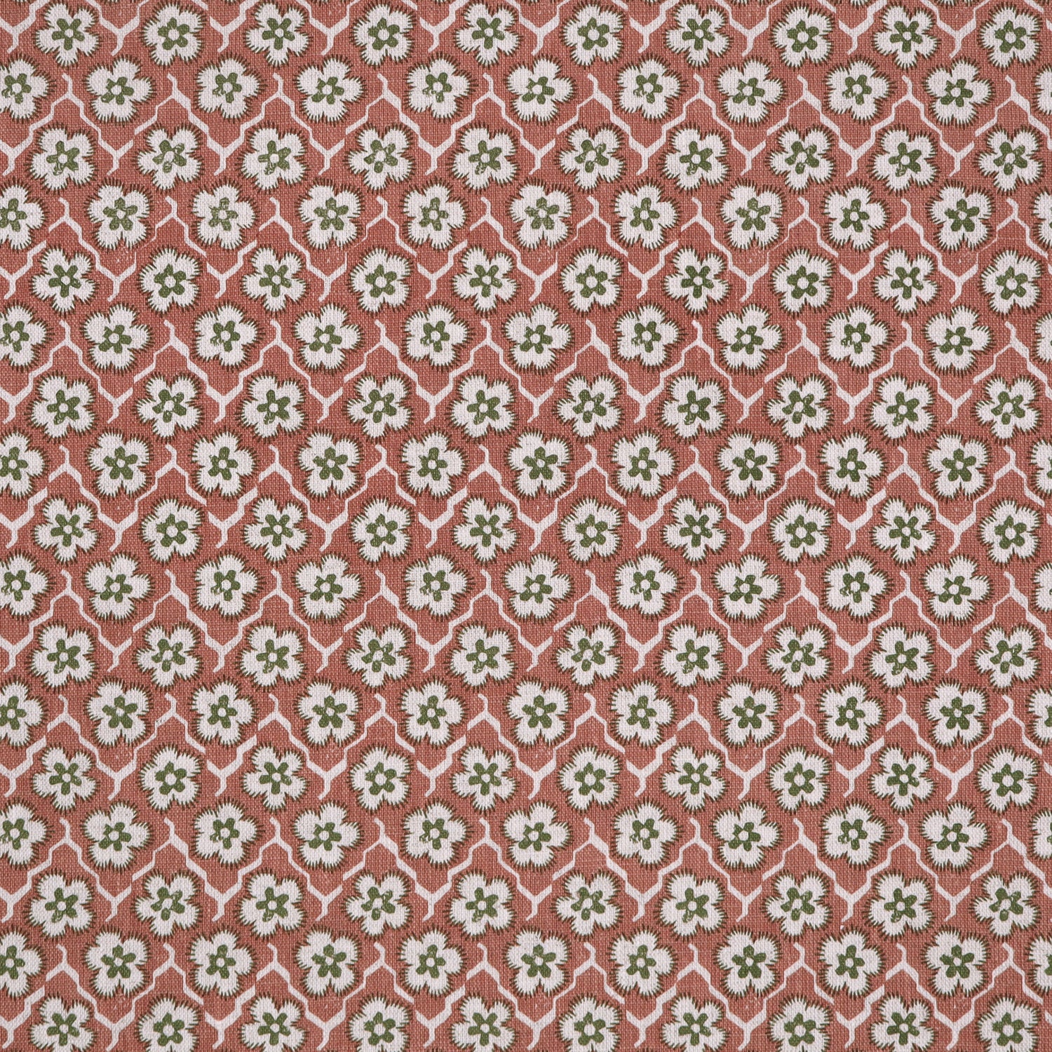 Fabric with small scale floral pattern in white, green and pink