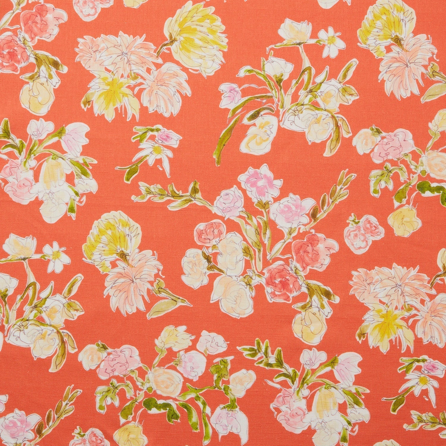 Linen swatch with a pattern of large-scale line-drawn flowers in gray ink with red, pink and yellow watercolors, on a red background.