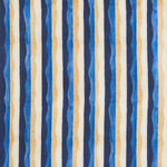 Woven fabric swatch in a curvy hand-painted stripe pattern in blue, gold, white and navy.