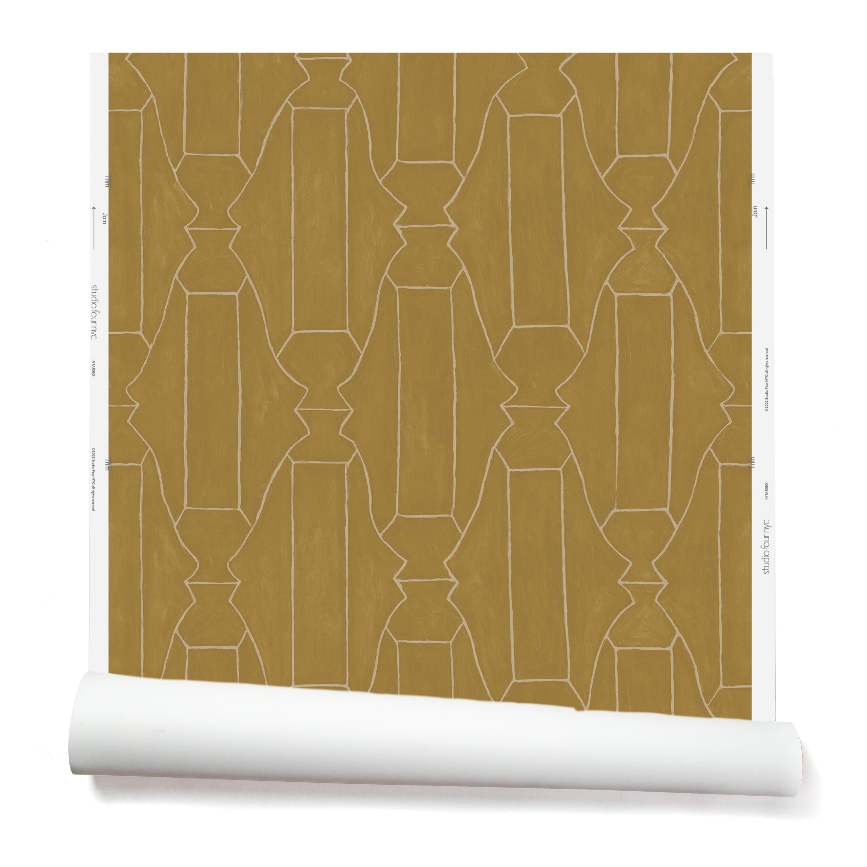 Partially unrolled wallpaper in a repeating curvolinear print in cream on a painted gold field.