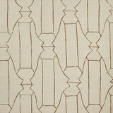 Woven fabric swatch in a repeating curvolinear print in rust on a tan field.