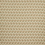 Woven fabric swatch in a repeating mosaic print in shades of brown and gray-blue on a tan field.
