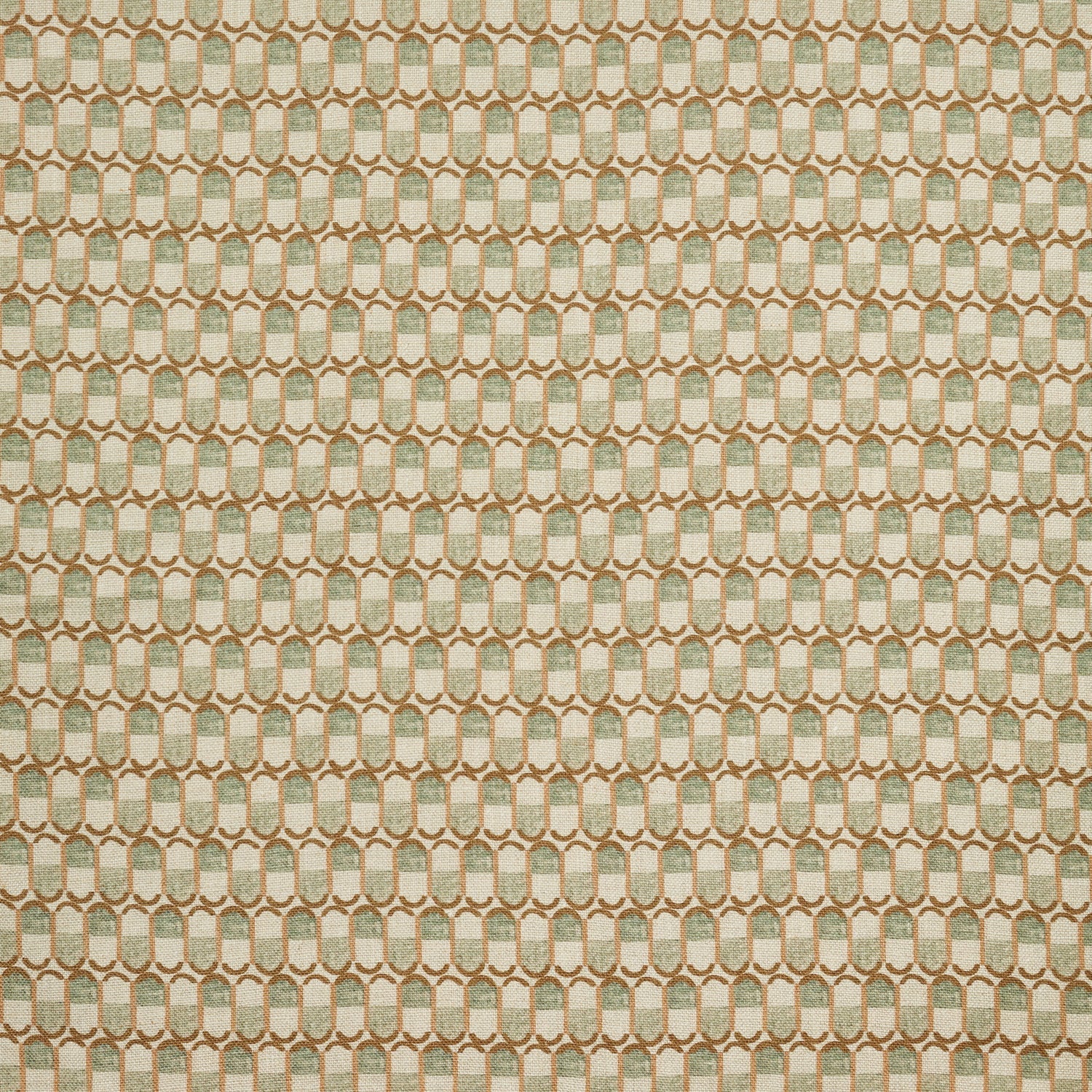 Woven fabric swatch in a repeating mosaic print in shades of brown and gray-blue on a tan field.