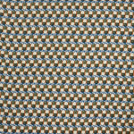 Woven fabric swatch in a repeating mosaic print in shades of blue, rust and gray on a cream field.