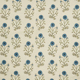 Woven fabric swatch in a painterly floral print in blue and green on a cream field.