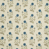 Woven fabric swatch in a painterly floral print in blue and green on a cream field.