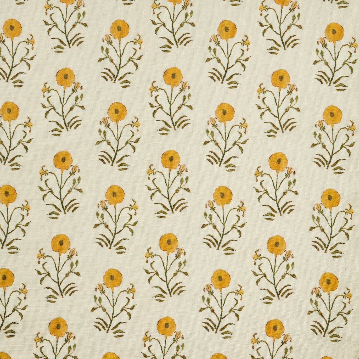 Woven fabric swatch in a painterly floral print in mustard and green on a cream field.