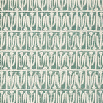 Woven fabric swatch in an abstract tulip print in a repeating stripe on a dusty blue field.