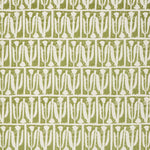 Woven fabric swatch in an abstract tulip print in a repeating stripe on a sage field.