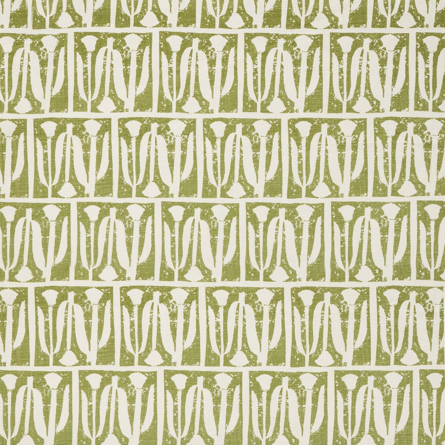 Woven fabric swatch in an abstract tulip print in a repeating stripe on a sage field.